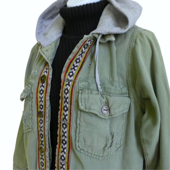 Free People Weekend Wanderer Green Jacket Knit Hood Military Western Tribal XS - Picture 1 of 6